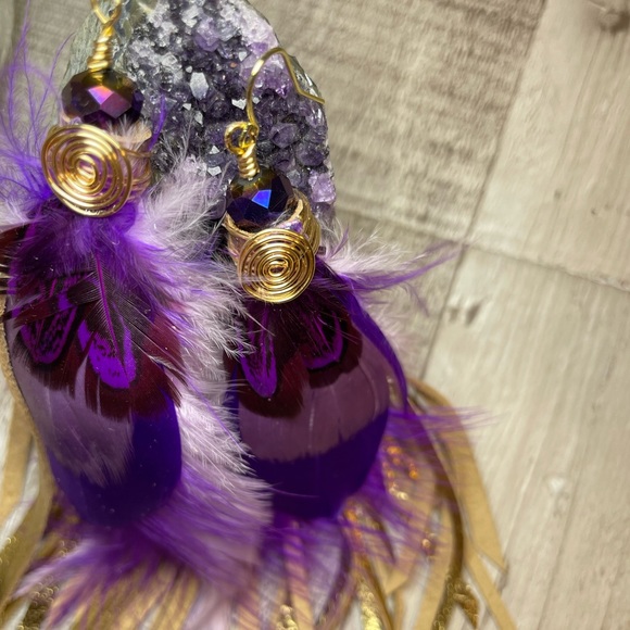 Gold Foiled Genuine Leather Fringe Purple Feather Earrings - Picture 14 of 15